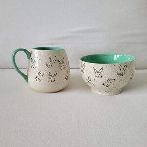 MERITAGE Speckled Mint Green and White Ceramic Mug Bowl Set with Bunny Design